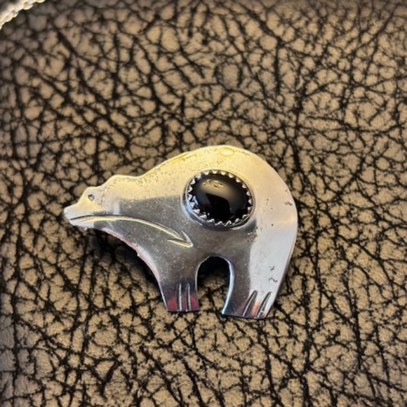 Zuni  vintage SIGNED Bear pin/pendant combo Bear w/heart line, SS & Onyx - Picture 1 of 3